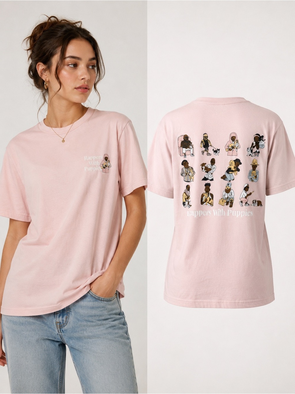 Dog Limited | Rappers With Puppies Graphic Tee Pink Cotton Shirt | Size Medium